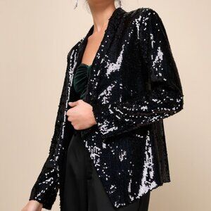 Lulus Miss Punctuality Black Sequin Lightweight Blazer - Size XS